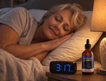 Woman resting peacefully next to an alarm clock showing 3:17 AM